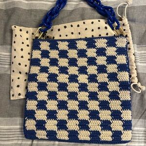 Clare V Blue and Cream Crochet Fold Over Clutch plus resin strap
